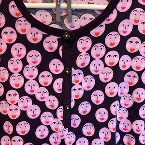 Anthropologie Pink and Purple button flouncy happy faces V-Neck Blouse